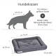 Maße des Hundebettes und Eignung für mittelgroße bis große Hunde, mit einem grauen Kissen mit einer Dicke von 10 cm.