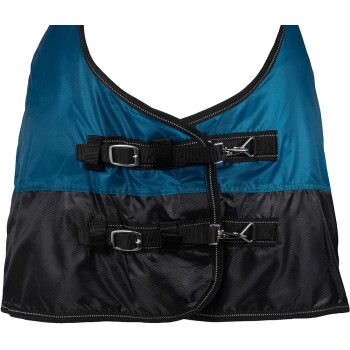 Eine blaue und schwarze Haustierweste mit verstellbaren Schnallen und Riemen, die für Komfort und Sicherheit entworfen wurde.