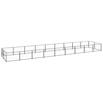 Ein langes, rechteckiges Haustier-Spielgehege aus schwarzem Metalldraht, mit mehreren Paneelen und Toren für einfachen Zugang.