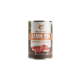 Eine Dose Wildfang Lammpur Hundefutter, gekennzeichnet mit 'B.A.R.F. Qualität', mit einem Wolf-Logo, und Bildern von rohem Lammfleisch und Kräutern.