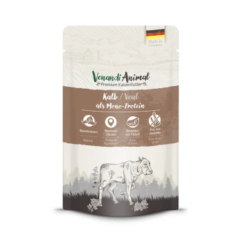 Verpackung für Premium Katzenfutter "Kalb/Veal als Mono-Protein", das natürliche Zutaten, hohen Fleischanteil und getreidefrei hervorhebt. Hergestellt in Deutschland.
