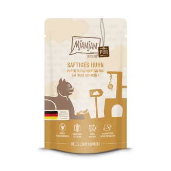 Mjamjam Haustierfutterbeutel mit "Saftiges Huhn" (saftiges Huhn) mit Illustrationen einer Katze und Futterzubehör, das die Qualität von reinem Fleisch hervorhebt.