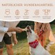 Drei hölzerne Hundekauspielzeuge in Knochenform, gekennzeichnet mit S, M und L, mit Größen-, Gewicht- und empfohlenen Hundewichtdetails darunter.