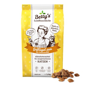 Betty's Landhausküche Geflügel-Katzenfutter für erwachsene Katzen, getreidefrei, 1,4 kg, mit frischem Huhn und Borretschöl.