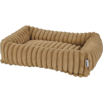 Plüschiges beige rechteckiges Haustierbett mit gerippten, kordähnlichen erhöhten Seiten und kleinem weißen Markenetikett an der Ecke.