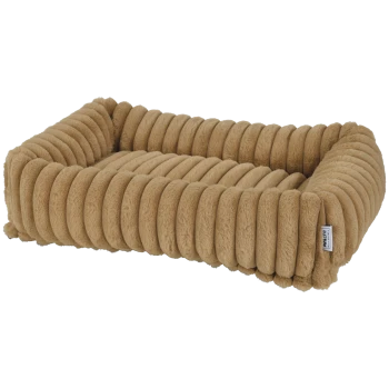 Plüschiges beige rechteckiges Haustierbett mit gerippten, kordähnlichen erhöhten Seiten und kleinem weißen Markenetikett an der Ecke.