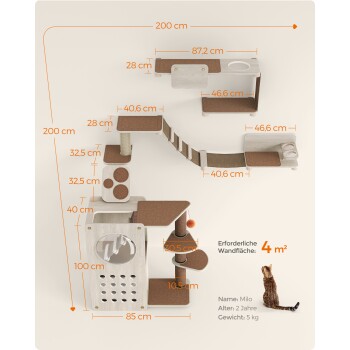Layout von Katzenklettermöbeln mit Abmessungen, mit einem verspielten Design für Katzen. Enthält eine Katze namens Milo, 2 Jahre alt, 5 kg schwer.