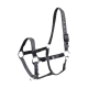 Grau verstellbares Haustiergeschirr mit Metallclips und einem Logo, entworfen für Komfort und Kontrolle während der Spaziergänge.
