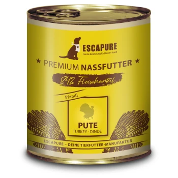 Gelbe Dose ESCAPURE Premium Nassfutter für Hunde mit 84% Fleischanteil, beschriftet mit "PUTE" (Truthahn) und einer Truthahn-Grafik.