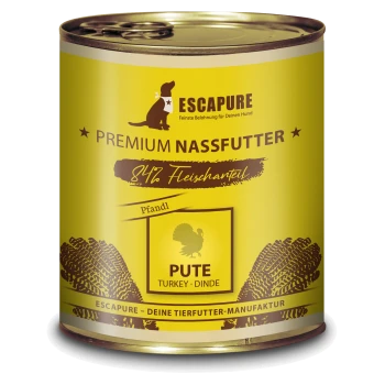 Gelbe Dose ESCAPURE Premium Nassfutter für Hunde mit 84% Fleischanteil, beschriftet mit "PUTE" (Truthahn) und einer Truthahn-Grafik.