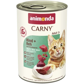 Dose Animonda CARNY Katzenfutter ‚Rind + Reh‘ mit Preiselbeeren, Adult 1+, Bild einer orangegetigerten Katze