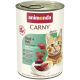 Dose Animonda CARNY Katzenfutter ‚Rind + Reh‘ mit Preiselbeeren, Adult 1+, Bild einer orangegetigerten Katze