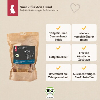 Kraft-Tüte von LIEBESGUT mit Bio-Rind Hundesnack, beschriftet 'Snack für den Hund', mit deutschen Infofeldern und BIO-Siegel.