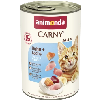 Dose Animonda CARNY Katzenfutter — Huhn + Lachs (Chicken + Salmon), Adult 1+, mit orangegetigerter Katze und Fleischstücken.