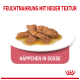 Nassfutter für Haustiere mit neuer Textur, mit Fleischstücken in Sauce auf einem weißen Teller, beschriftet "Häppchen in Soße."