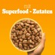 Eine Hand, die eine gelbe Schüssel mit Haustierfutter-Kibble hält, mit dem Text "mit Superfood - Zutaten" auf einem orangefarbenen Hintergrund.
