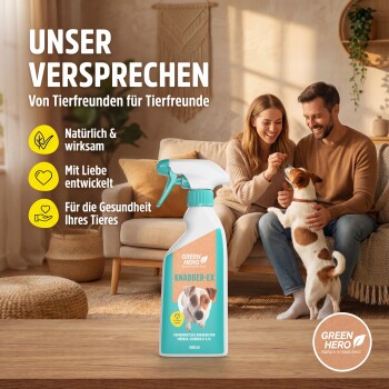 Green Hero Knabber-Ex Sprühflasche auf dem Tisch, Paar mit Hund auf dem Sofa; deutscher Text 'UNSER VERSPRECHEN' und Stichpunkte.