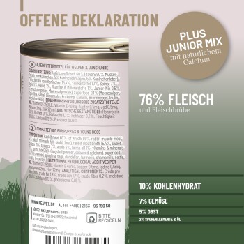 Dose mit Welpen- und Junghundefutter beschriftet 'Offene Deklaration', 'Plus Junior Mix mit natürlichem Calcium', '76% Fleisch'