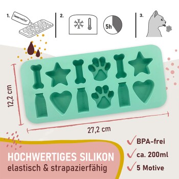 Silikonform für Haustierleckerlis mit Knochen-, Stern-, Pfoten-, Flaschen- und Herzformen, BPA-frei, 27,2x12,2 cm, 200 ml Fassungsvermögen.
