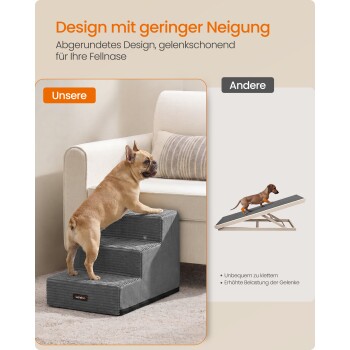 Französische Bulldogge steigt auf graue Haustiertreppe zur Couch; deutsche Überschrift ‚Design mit geringer Neigung‘ und Vergleich ‚Andere‘.