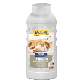 Flasche mit MultiFit Deo Katzenstreu-Deodorant-Pulver, mit einer entspannten orangefarbenen Tabby-Katze auf dem Etikett, mit "Cashmere"-Duft.