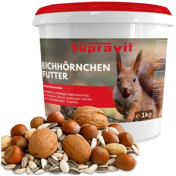 Supravit 'Eichhörnchen Futter' 1kg Becher mit Eichhörnchenfoto und einem Haufen Nüsse und Sonnenblumenkerne.