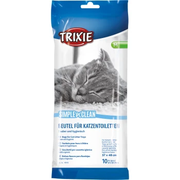 Trixie Simple'n'Clean kattenbakzakken, met een afbeelding van een slapende kat, met tekst in meerdere talen over netheid en hygiëne.