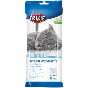 Sacs de bac à litière Trixie Simple'n'Clean, présentant une image de chat endormi, avec du texte en plusieurs langues sur la propreté et l'hygiène.