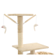 Katzenbaum mit zwei hängenden Spielzeugmäusen, beige Farbe, mit einem Kratzbaum und einer flachen Plattform zum Spielen oder Ausruhen.