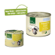Zwei "Real Nature" Haustierfutterdosen: die größere mit "Original" und "Light" beschriftet, die kleinere "Huhn mit Pute," mit einer grünen Sprechblase.