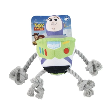 Buzz Lightyear plush dog toy with knotted rope legs and 'Toy Story' tag/logo