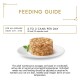 Feeding guide for adult cats: 2 to 3 cans per day, served in 2-3 meals. Includes a photo of a cat food portion on a plate.