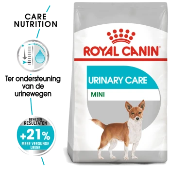 Royal Canin Urinary Care Mini hondenvoer zak met een illustratie van een kleine hond, die ondersteuning voor de urinegezondheid promoot en een +21% resultaat claimt.