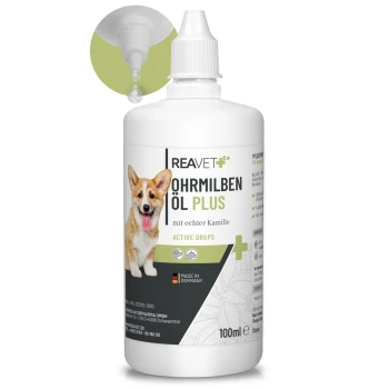 Flasche REAVET Ohrmilben Öl Plus für Haustiere, mit einem Corgi auf dem Etikett, mit dem Text, der angibt, dass es Kamille enthält und in Deutschland hergestellt wird.