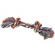 Colorful braided rope dog toy with knotted ends and frayed tassels, designed for tugging and chewing.