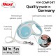 Blue and white flexi dog leash with adjustable handle, braking system, 5m tape, for dogs up to 25 kg, labeled "NEW COMFORT."