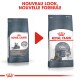 Comparaison de l'emballage de nourriture pour chat Royal Canin Oral Care : sac gris avec image de chat, notant "59 % de tartre réduit" et "nouveau look, nouvelle formule."