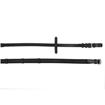 Schwarze verstellbare Haustierleine mit mehreren Clips und Schlaufen, flach auf einem weißen Hintergrund ausgelegt.