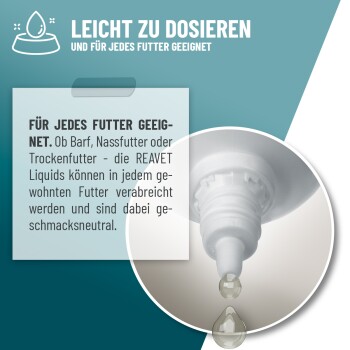 Nahaufnahme eines Tropfers, der Flüssigkeit abgibt, mit deutschem Text über REAVET Flüssigkeiten, die für alle Futtersorten geeignet sind.