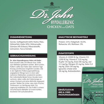 Dr. John Hypoallergenes Hundefutter mit Huhn und Hafer Verpackung, mit Zutaten, Nährwertanalyse und Fütterungsanweisungen auf Deutsch.