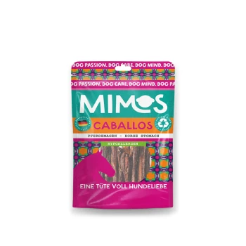 Eine bunte Leckerlitasche für Haustiere mit der Aufschrift 'Mimos Caballos', die Snacks aus Pferdemagen enthält, gekennzeichnet als 'hypoallergen' mit einer Pferdesilhouette.
