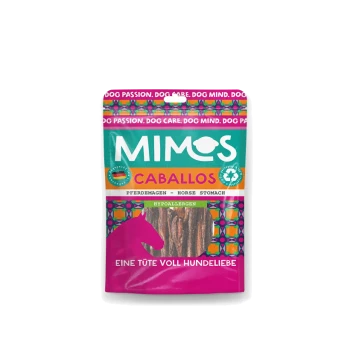 Eine bunte Leckerlitasche für Haustiere mit der Aufschrift 'Mimos Caballos', die Snacks aus Pferdemagen enthält, gekennzeichnet als 'hypoallergen' mit einer Pferdesilhouette.