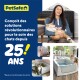 Publicité PetSafe montrant une personne tenant un chat et des images de chats avec des litières automatiques, texte en français sur 25 ans de solutions pour le soin des chats.