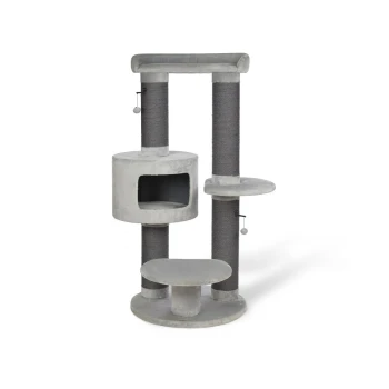 Ein moderner grauer Katzenbaum mit einem gemütlichen Versteck, zwei Plattformen und Kratzpfosten, entworfen für das Spielen und Ausruhen von Katzen.