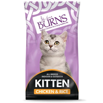 A bag of Burns kitten food with a gray tabby on a purple background. Text: "KITTEN CHICKEN & RICE" and "Natural nutrition."