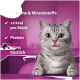 Graue getigerte Katze leckt sich die Lippen vor rosa Hintergrund; Text: 'Vitamine & Mineralstoffe; <2 kcal pro Stück; Protein; 100% Köstlich'
