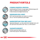 Infografik, die die Produktvorteile für Tierfutter detailliert: hydrolysiertes Protein, niedriger RSS-Wert, Hautbarrierefunktion und Unterstützung der Zahngesundheit.