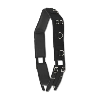 Schwarzes verstellbares Haustiergeschirr mit mehreren metallischen D-Ringen und Schnallen für sichere Befestigung und Komfort.