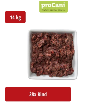 Verpacktes rohes Hundefutter von proCani, beschriftet mit "Rind Vital", mit einer malerischen Hintergrund und einem "28x" Abzeichen.