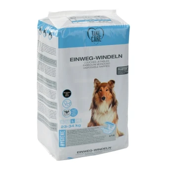 Packung mit Einweg-Hundewindeln, beschriftet "Take Care," geeignet für Hunde mit einem Gewicht von 23-34 kg, mit einem Collie auf der Vorderseite.